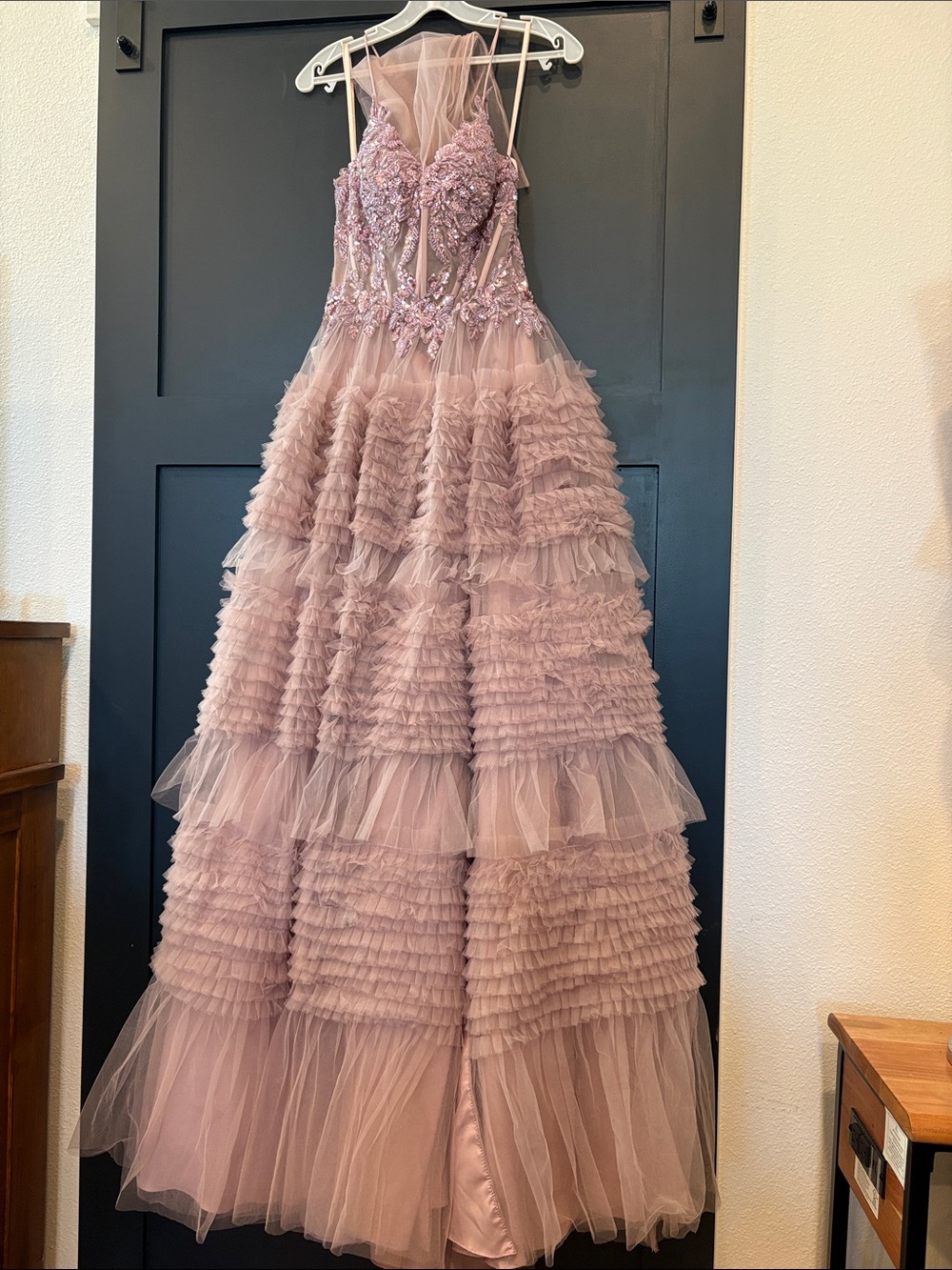 692. Colors 3515 Dusty Rose Ruffled Tulle Dress - Picture 3 of 5